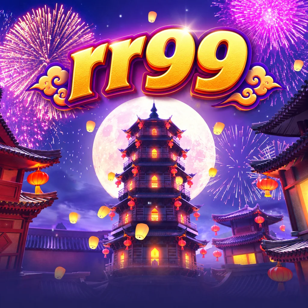 rr99 Wild Fireworks menampilkan pagoda malam hari berlatar bulan purnama dan kembang api